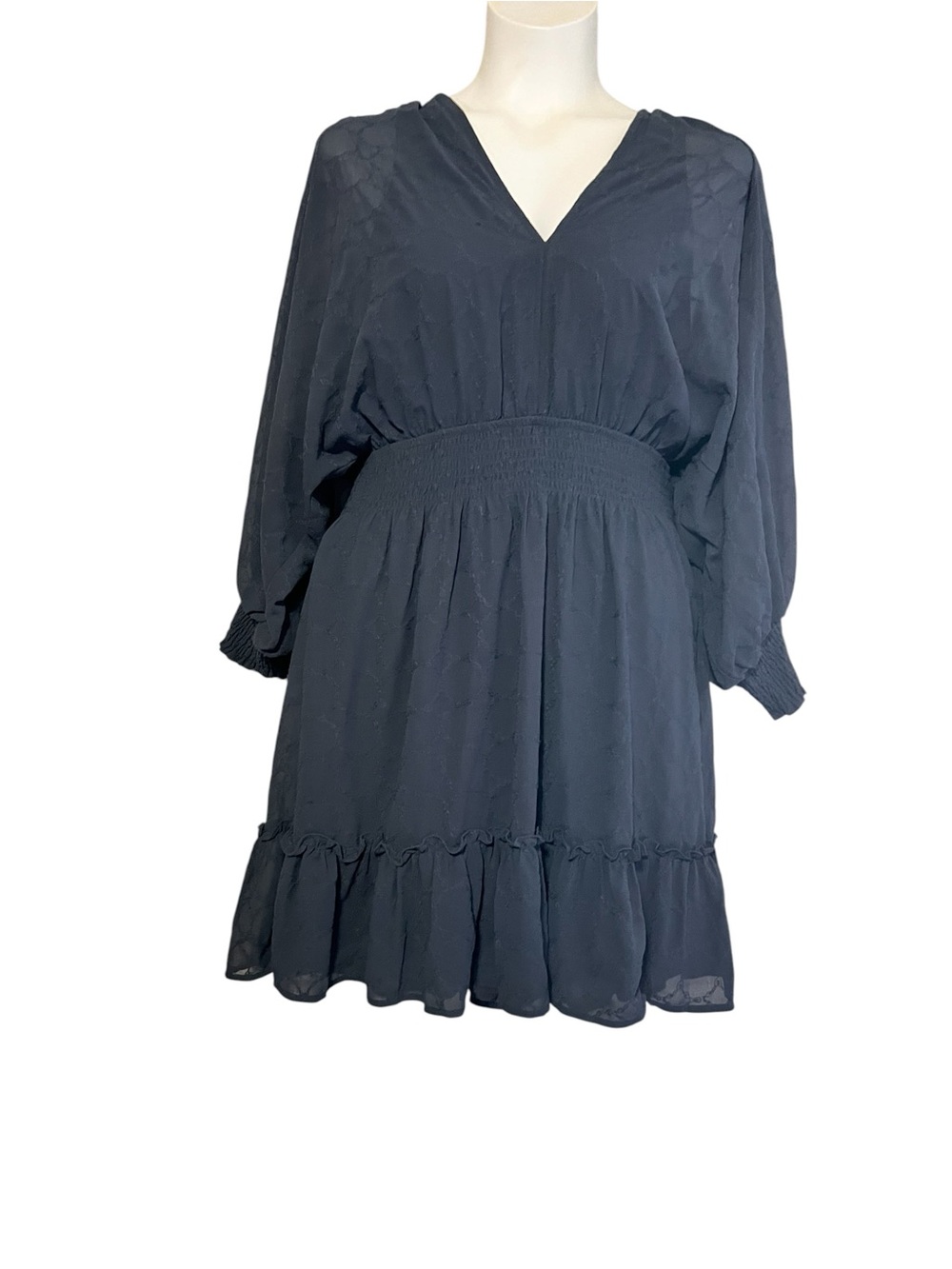 Women's Navy Blue V Neck Smocked Waist Dress